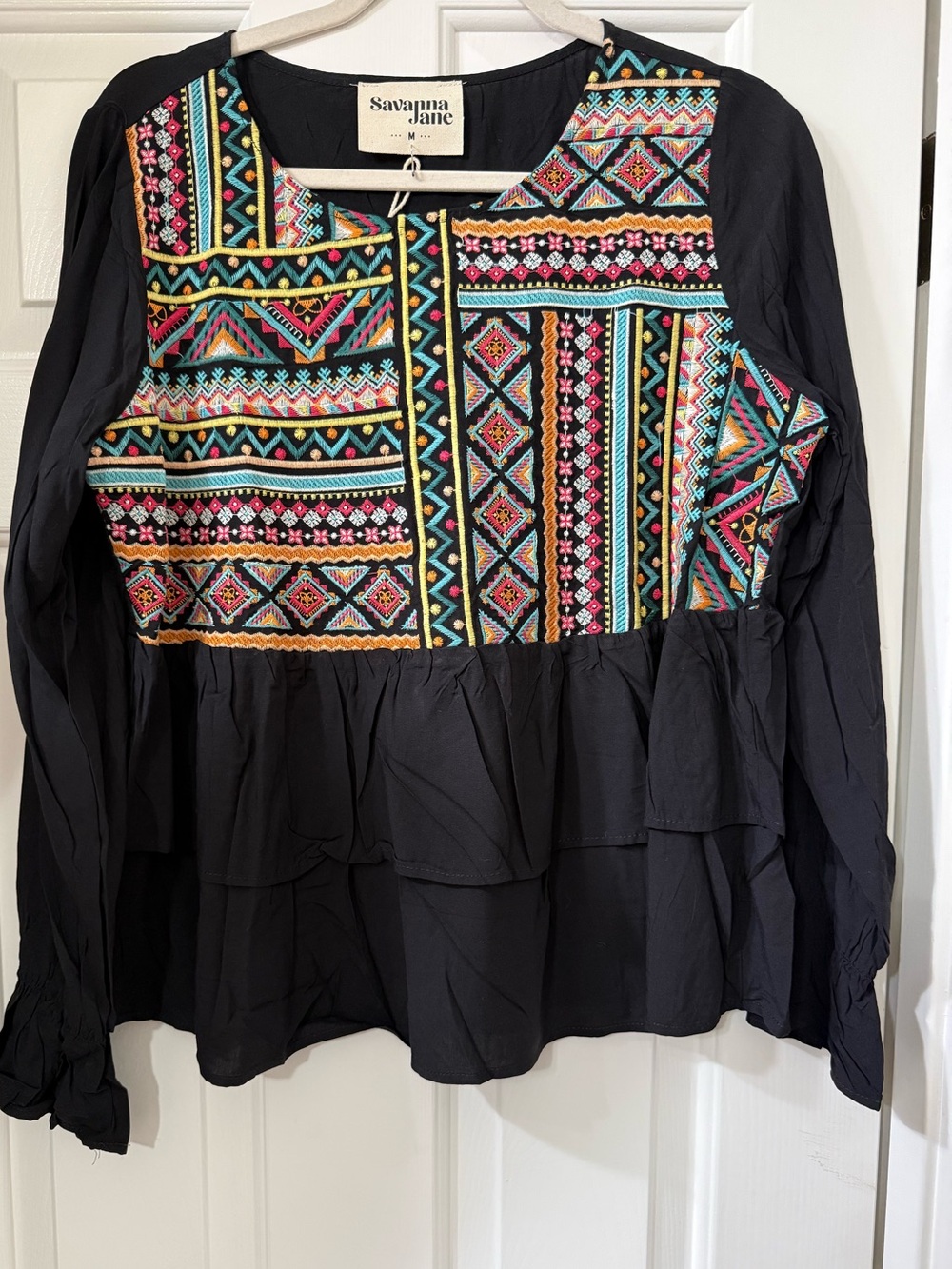 Savanna Jane Black Peasant Blouse with Multicolor Embroidered Yoke *NWT